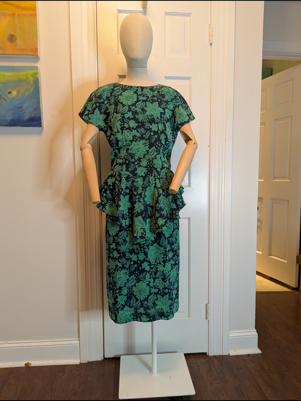 80s Vintage Virgo II Navy And Green Floral Peplum Dress